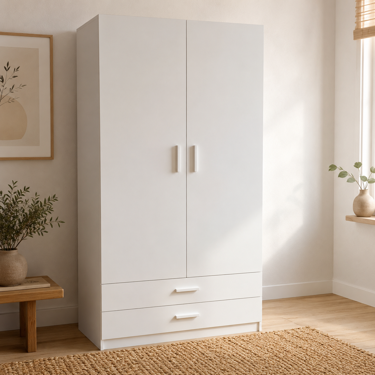 Armario Ropero 2 Puertas 100×200×52cm · Barra Colgador + 2 Estantes