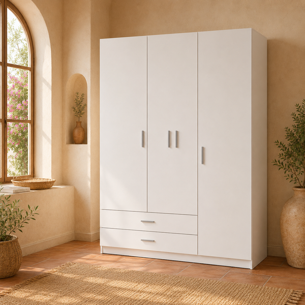 Armario Ropero 3 Puertas 150×200×52cm  blanco · Barra Colgador + 2 Estantes