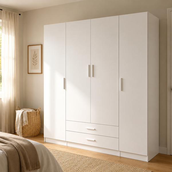 Armario Ropero 4 Puertas 200×200×52cm blanco · Barra Colgador + 3 Estantes
