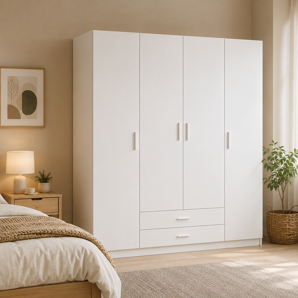Armario Ropero 4 Puertas 200×200×52cm blanco · Barra Colgador + 3 Estantes