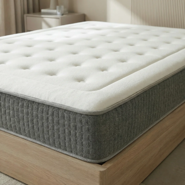 pack colchón ortopédico 28cm muelles ensacados sobre canapé abatible reforzado madera natural dormitorio matrimonio