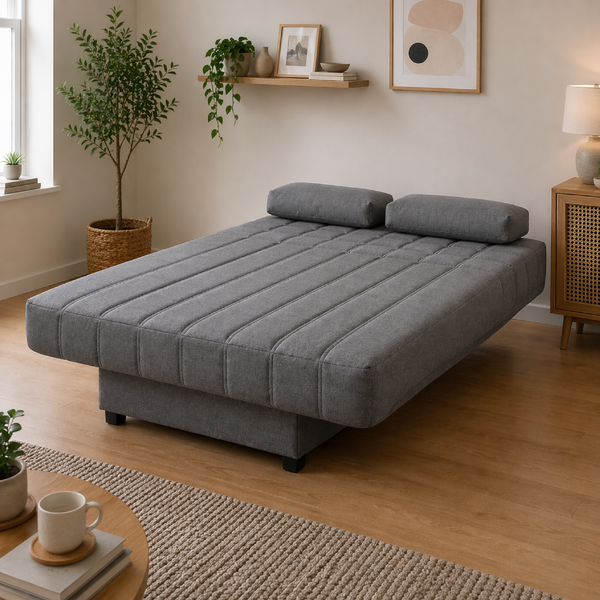 Sofá Click Clack Emma abierto en modo cama con colchón de 128×190 cm, perfecto para invitados o uso diario.