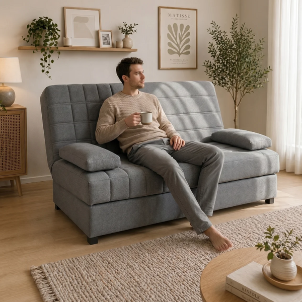Sofá Click Clack Emma en salón moderno, ideal para optimizar el espacio con cama y arcón integrados.