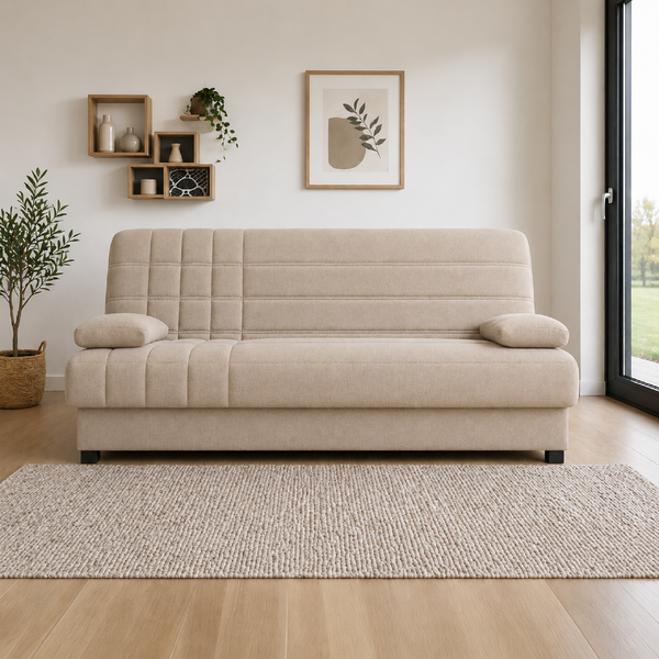 Sofá cama Emma en beige claro con tapizado desenfundable y apertura clic-clac fácil de usar.
