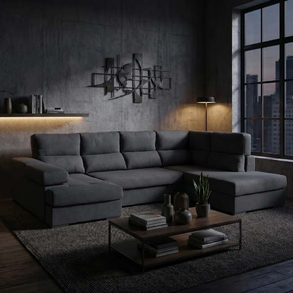 Sofá rinconero FLORA gris en salón moderno, ideal para familias numerosas con tapizado en tela resistente.