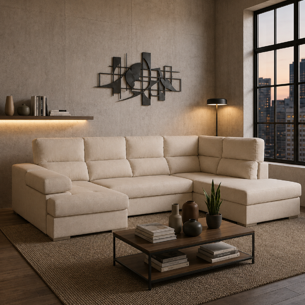 Sofá FLORA beige con función cama desplegada y arcón hidráulico de gran capacidad para almacenamiento.