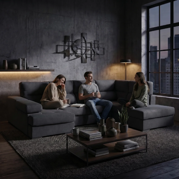 Sofá Chaiselongue FLORA en gris ambientado en salón espacioso, ideal para tardes de cine y reuniones familiares.