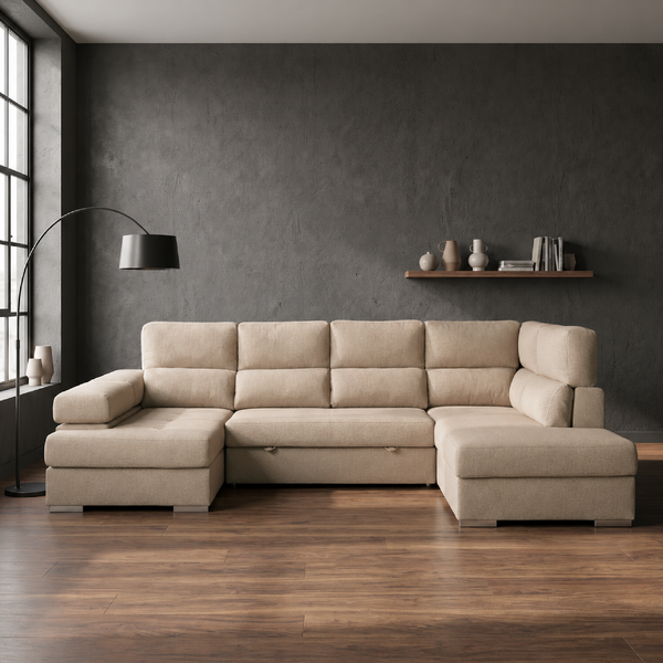 Sofá Chaiselongue FLORA rinconera 345 cm en beige, 4-5 plazas con tapizado en tela suave y cálida.
