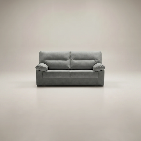 Sofá LINA 3 plazas gris 186cm con tapizado tela antimanchas y estructura de madera reforzada. Disponible en gris y beige. Envío 49€ o con montaje 59€.