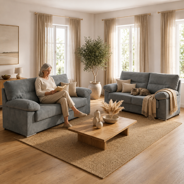 Sofá Lina 3+2 plazas en gris ambientado en salón contemporáneo, con tapizado de tacto suave y líneas elegantes.