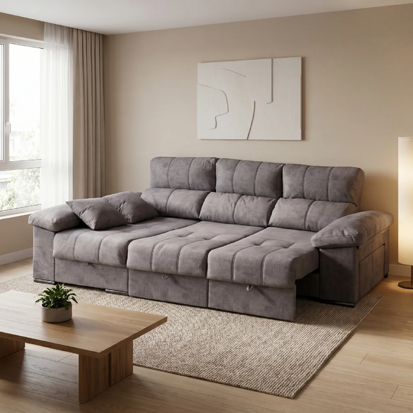 Sofá ROMA gris en salón moderno con tapizado de tela suave, diseño rinconero y máxima funcionalidad.