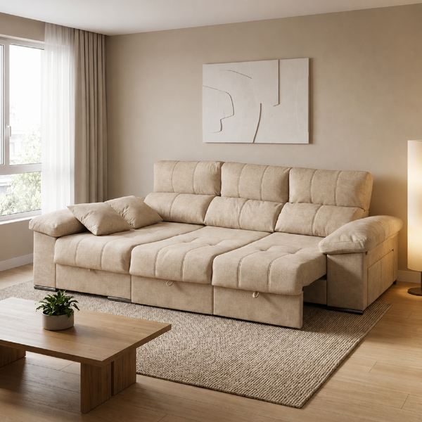 Sofá ROMA beige abierto en modo cama, perfecto para uso diario con sistema de apertura sencilla.