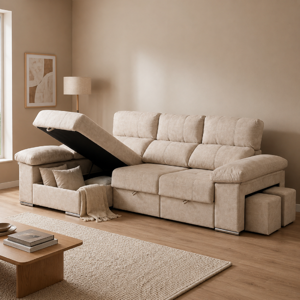 Arcón abierto del Sofá ROMA beige con gran capacidad de almacenamiento bajo el asiento.