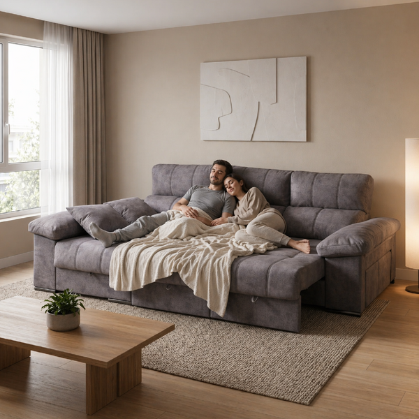 Sofá ROMA gris convertido en cama de matrimonio con sistema de apertura diaria fácil de usar.