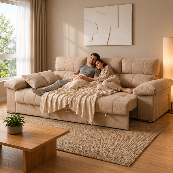 Sofá ROMA beige convertido en cama de matrimonio con sistema de apertura diaria fácil de usar.