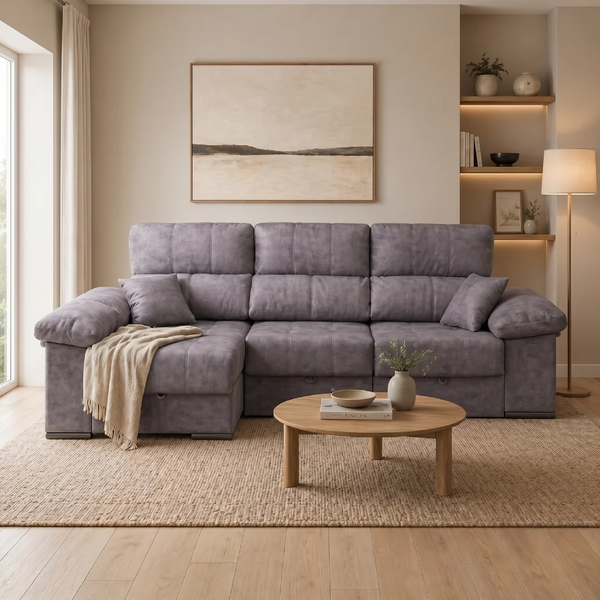 Sofá Cama ROMA 3 plazas en gris con chaise longue, apertura diaria y arcón integrado, medidas 285×102×150 cm.