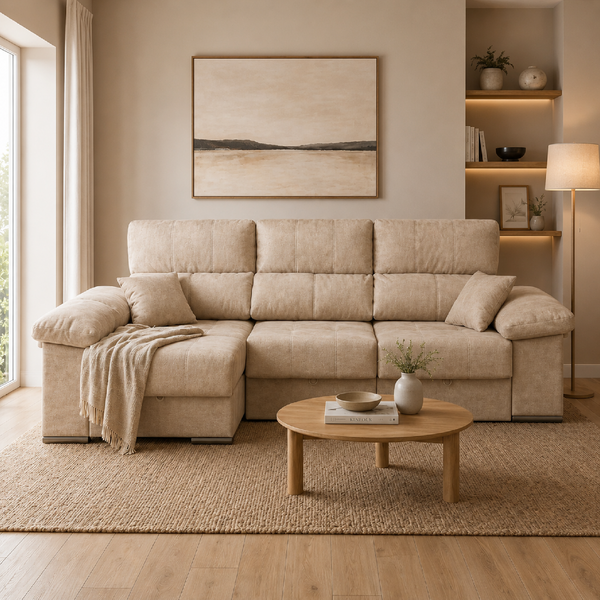 Sofá Cama ROMA 3 plazas en beige con chaise longue, tapizado en tela y diseño moderno para salón.