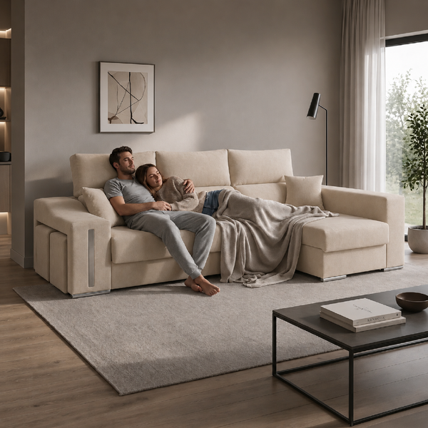 pareja descansa sofá chaiselongue ROMEO beige confort tarde relax salón hogar