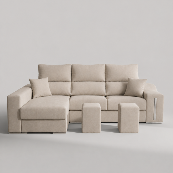 sofá chaiselongue ROMEO 265cm beige asientos deslizantes cabezales reclinables arcón integrado salón moderno