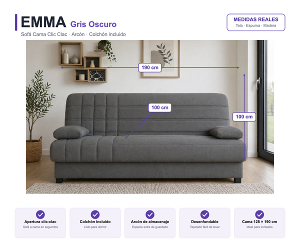 Sofá Cama EMMA Clic-Clac 190cm Arcón Integrado