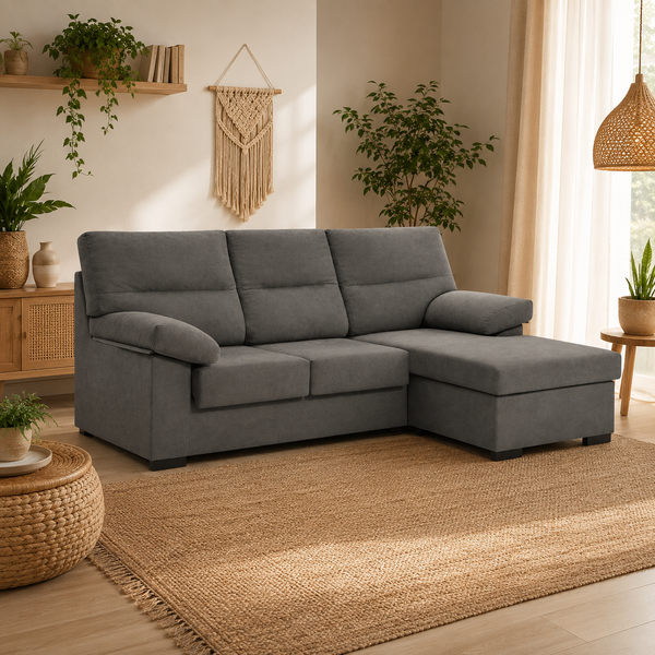Sofá Chaiselongue Athenas 3 Plazas 206cm Tela Antimanchas Gris