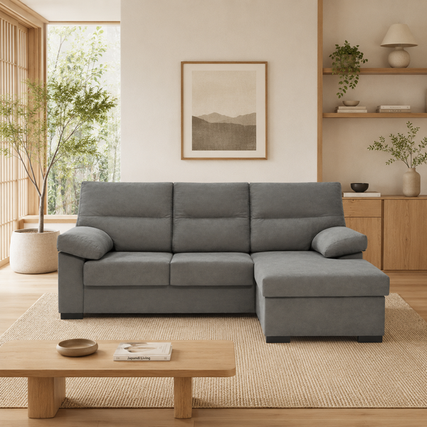 Sofá Chaiselongue Athenas 3 Plazas 206cm Tela Antimanchas Gris