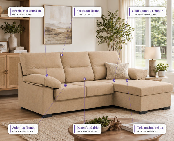 Sofá Chaiselongue Athenas 3 Plazas 206cm Tela Antimanchas