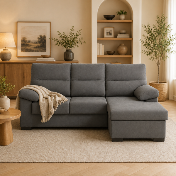 Sofá Chaiselongue Athenas 3 Plazas 206cm Tela Antimanchas Gris