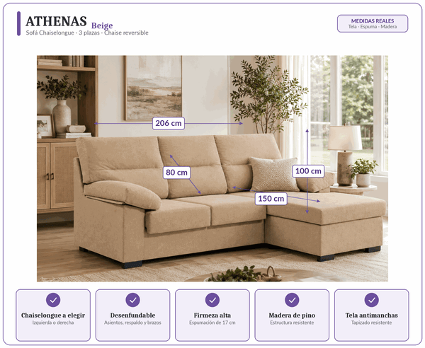 Sofá Chaiselongue Athenas 3 Plazas 206cm Tela Antimanchas