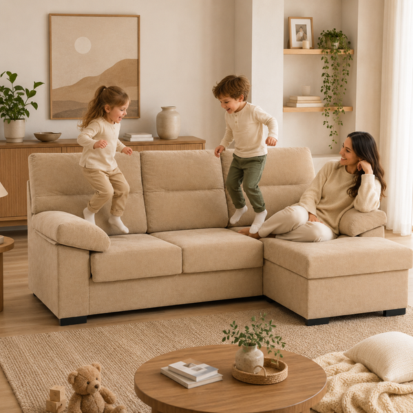 Sofá Chaiselongue Athenas 3 Plazas 206cm Tela Antimanchas beige