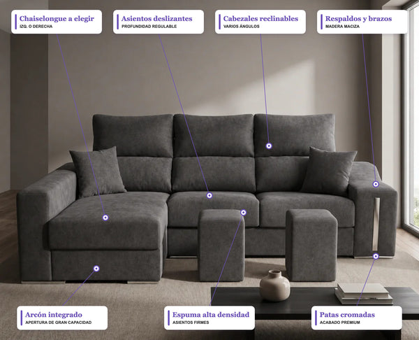 Sofá Chaiselongue ROMEO 3 plazas 265cm Arcón Integrado
