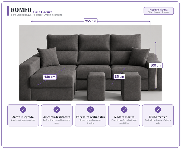 Sofá Chaiselongue ROMEO 3 plazas 265cm Arcón Integrado