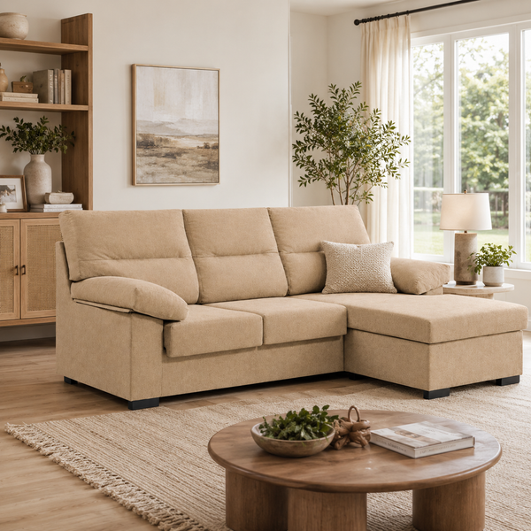 Sofá Chaiselongue Athenas 3 Plazas 206cm Tela Antimanchas beige