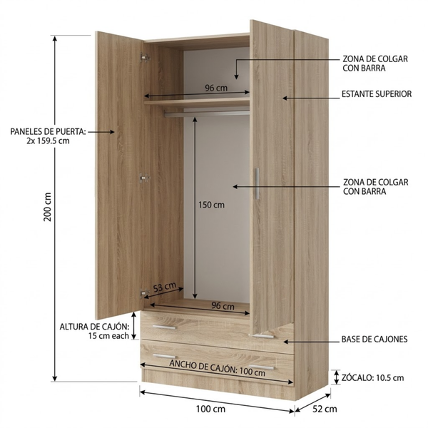 interior armario 2 puertas barra metálica baldas regulables organizador
