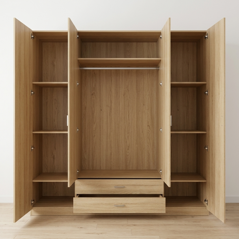Armario Ropero 4 Puertas 200×200×52cm · Barra Colgador + 6 Estantes