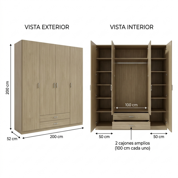 armario 4 puertas 200x200x52 cm vista exterior interior con baldas barra y 2 cajones amplios